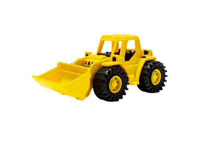 Yellow plastic children's toy excavator on transparent background. pngの写真素材