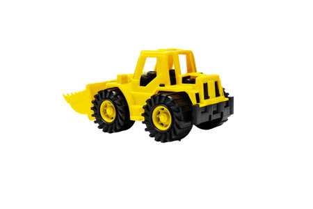 Yellow plastic children's toy excavator on transparent background. pngの写真素材