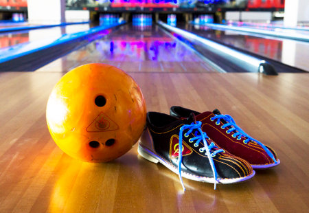 bowling shoes, bowling ball for play in bowling.の写真素材