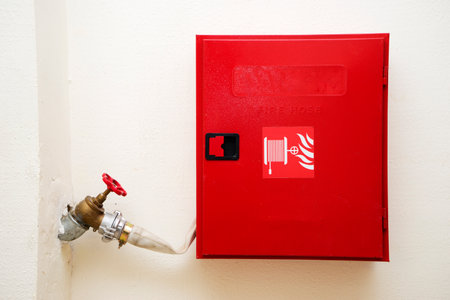 red fire hose cabinet on white wallの写真素材
