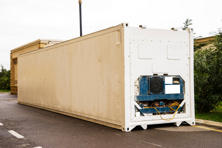 large modern refrigerated truck trailer freight, place advert on white. white refrigerator truck trailer container for transportの写真素材