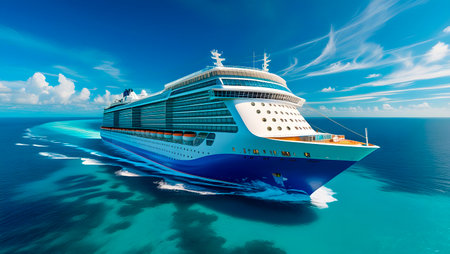 A large cruise ship in the ocean. Beautiful seascape. Luxury cruise ocean liner. The concept of recreation and travel on a regular cruise ship.の写真素材