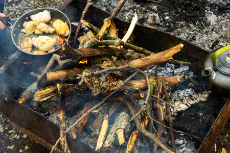 A cast-iron frying pan with chicken meat stands over a fire on a metal grate. Cooking food on an open fire. Delicious food on a camping trip and on a picnic.の写真素材
