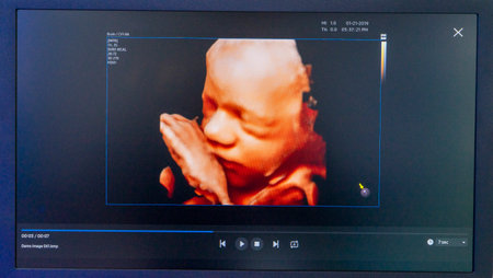 A child in the womb on the screen of an ultrasound machine. Modern monitor of the echocardiography...