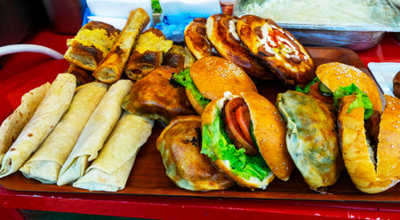 Closeup set of classic homemade burger made from beef and fresh vegetablesの写真素材