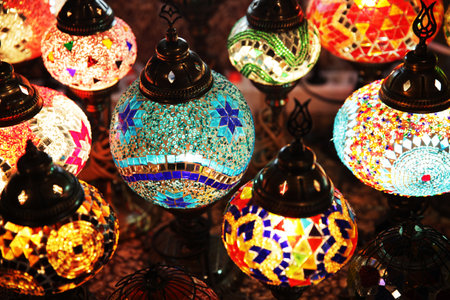 colorful balloons, ceiling lights, oriental-style lanterns, bottom view, beautiful backgroundの写真素材