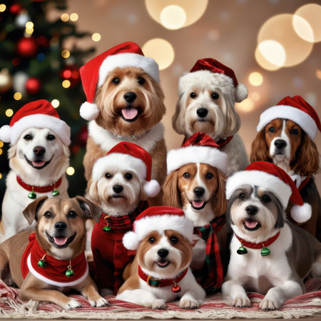 Dogs of different breeds wearing Santa Claus hats stand against the background of Christmas decorations and look at the camera.の素材