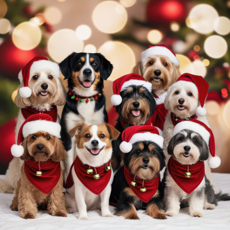 Dogs of different breeds wearing Santa Claus hats stand against the background of Christmas decorations and look at the camera.の素材