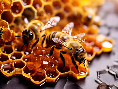closeup of honeycomb with bees making honey.の素材