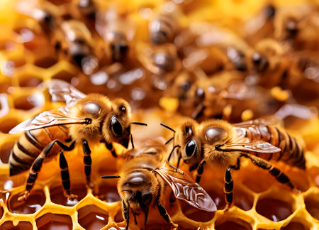 closeup of honeycomb with bees making honey.の素材