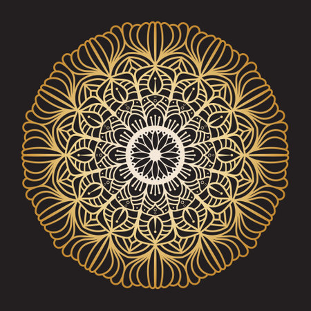 Elegant Gold Mandala with Intricate Floral Patterns on Black Backgroundのイラスト素材