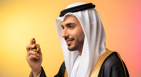 A man in traditional Arabic clothing is applying perfume from a golden atomizer, showcasing personal grooming and sophisticated style.の素材