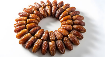 A close-up, top-down view of a circular arrangement of dried dates, highlighting their wrinkled texture and rich brown color.の素材