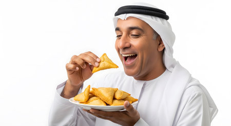 A smiling man in traditional Arabic attire enthusiastically eats savory sambusas from a plate, isolated against a clean white background.の素材