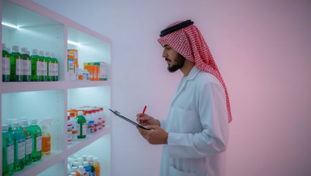 A male pharmacist wearing traditional Saudi attire is diligently reviewing inventory in a brightly lit pharmacy, holding a clipboard and pen.の素材