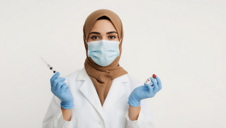 A medical professional, a Muslim woman in a hijab and protective gear, holds a syringe and vaccine, ready for administration.の素材