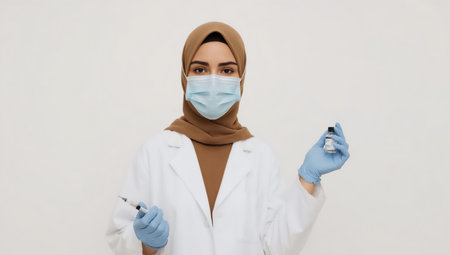 A Muslim female healthcare professional wearing a hijab, mask, and gloves, holding a vaccine vial and syringe, prepared for an injection.の素材