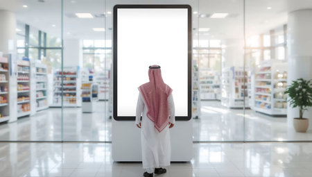 A man in traditional Saudi dress stands before a large, blank digital screen in a well-lit, modern retail store setting.の素材
