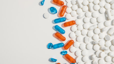 A vibrant arrangement of blue and orange capsules contrasts with a multitude of white pills, showcasing pharmaceutical diversity on a white backdrop.の素材