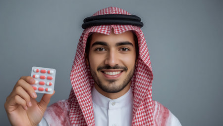 A young Arab man in traditional attire displays a package of red pills, suggesting health, wellness, or medication.の素材