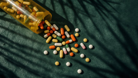 Colorful pills and capsules spill out of a yellow prescription bottle onto a dark background, creating a visual of medication scattering.の素材