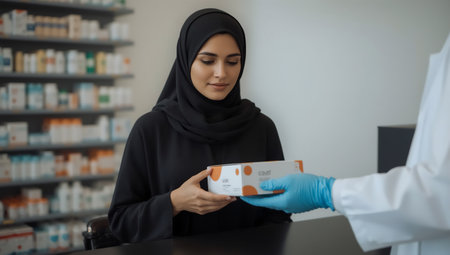 A Muslim woman in a hijab receives a medication box from a gloved pharmacist, signifying a healthcare interaction and professional service.の素材