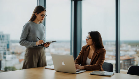 Two professional women are actively engaged in a business discussion at a desk, reviewing information on a laptop and a notepad.の素材