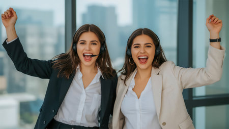 Two enthusiastic female customer service agents, wearing headsets, cheer with raised arms in a modern office.の素材