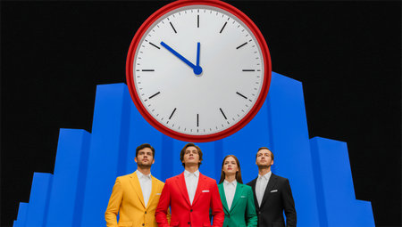 A striking image featuring four well-dressed individuals beneath an oversized clock, set against a backdrop of abstract blue geometric shapes.の素材