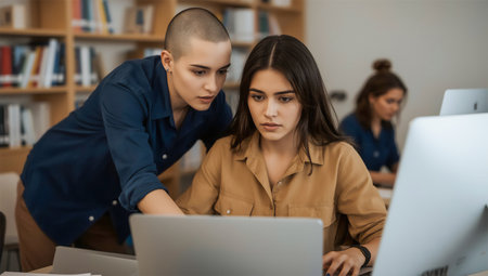 Two young women are intently focused on a laptop screen in a library, engrossed in their collaborative study session.の素材