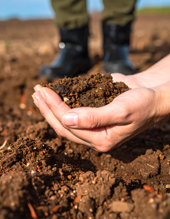 Close-up of hands cradling dark, fertile soil. A farmer's boots are visible in the blurred background, suggesting fieldwork.の素材