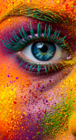 A striking macro photograph of a human eye, highlighted with vibrant Holi powder and dramatic teal mascara.の素材