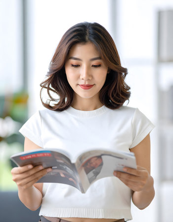 A woman engrossed in reading a magazine, showcasing a quiet moment of personal leisure and intellectual engagement.の素材