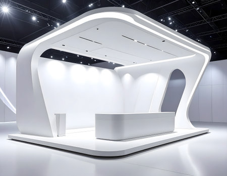 A striking, modern white exhibition booth featuring flowing curved architecture and integrated lighting, perfect for product displays.の素材