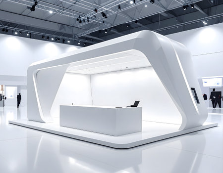 A striking modern exhibition booth featuring a white, futuristic architectural design with a minimalist aesthetic and a built-in reception desk.の素材