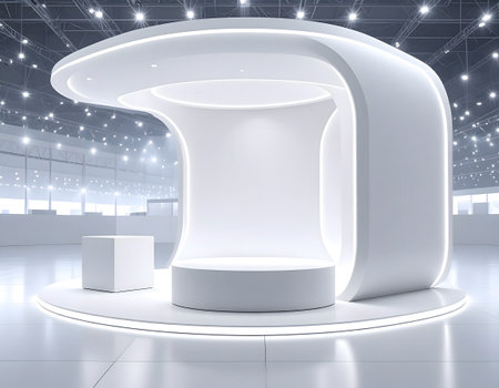 A futuristic, white exhibition stand with sleek, curved architecture and integrated, soft illumination, creating a modern and elegant display space.の素材
