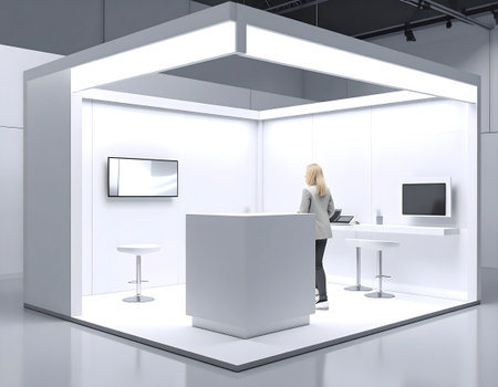 A contemporary exhibition booth featuring a clean, white interior, integrated lighting, and display screens, perfect for product showcases.の素材
