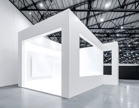 A striking minimalist white art installation with open geometric frames, bathed in natural light within a vast industrial warehouse.の素材