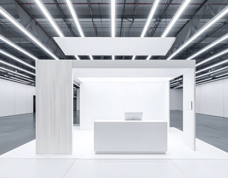 A clean, modern white exhibition booth with minimalist design elements and bright contemporary ceiling lights in a large industrial hall.の素材