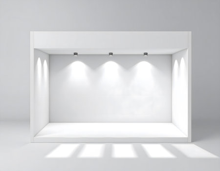 A clean, minimalist white exhibition booth with directional spotlights casting shadows, perfect for showcasing products or artwork.の素材