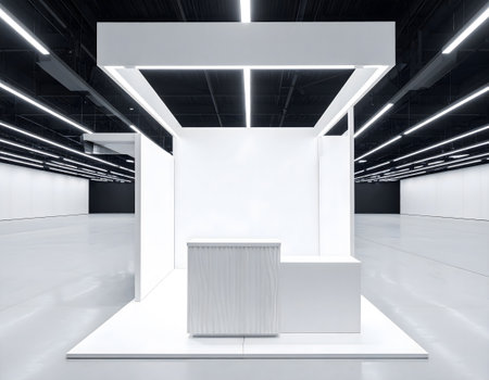 An empty, white trade show booth is set up in a contemporary exhibition hall, awaiting visitors and products.の素材