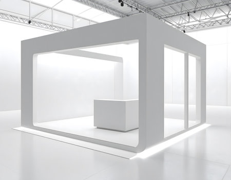 An empty, white exhibition booth with a modern, minimalist design, ready for customization and product display.の素材