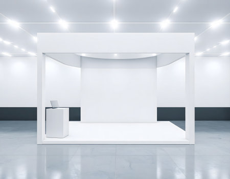 A blank, white exhibition booth stand awaits customization in a bright, modern exhibition hall, ready for product displays and company branding.の素材