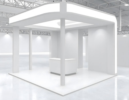 A sleek, contemporary white exhibition booth design featuring integrated lighting and a central counter, perfect for commercial displays.の素材