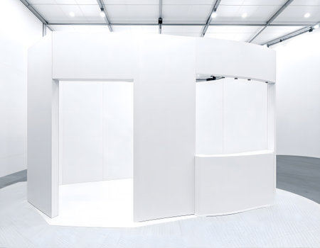 An abstract, all-white architectural structure is presented in a brightly lit, minimalist art gallery space.の素材