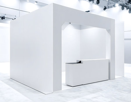 A modern, empty white exhibition booth with a minimalist reception desk, ready for a product launch or event presentation.の素材