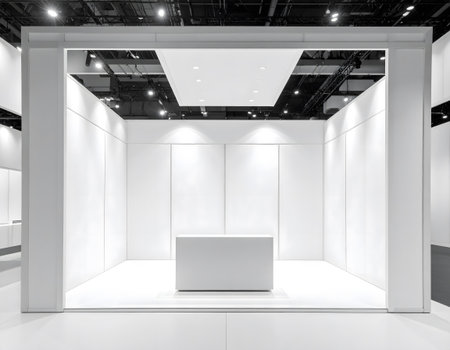 An empty exhibition booth with white walls and a central counter, awaiting setup for an event.の素材