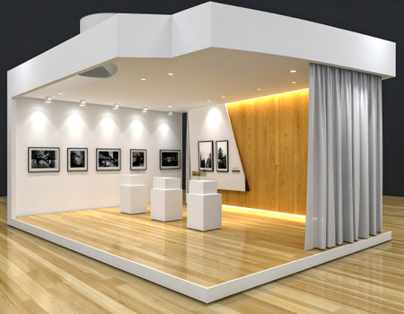 A sleek, contemporary exhibition booth showcasing framed artwork and white display pedestals, illuminated by warm lights.の素材