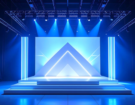 A modern, futuristic stage with a prominent geometric design and vibrant blue lighting, perfect for grand events.の素材