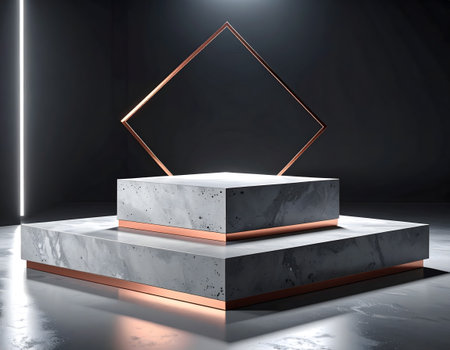 A modern, minimalist marble pedestal with a copper geometric frame, designed for elegant product display and presentation.の素材